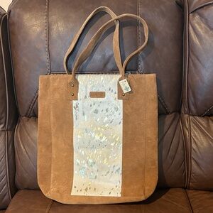 NWT Jane Marie Wow Hair on Suede Leather Elegant Tan and Cream Tote Bag